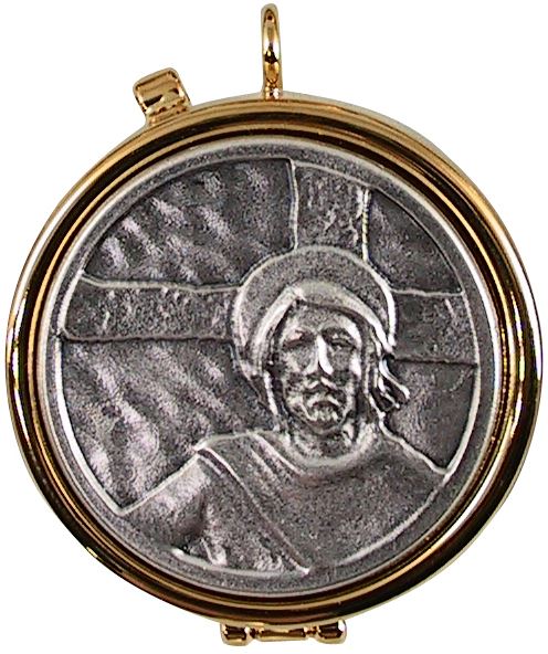 teca eucaristica ostie con placca in peltro modello ecce homo Ø 4 cm