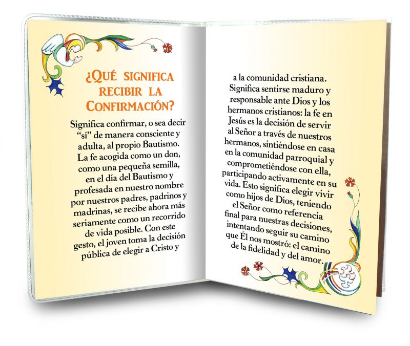 bomboniera cresima: libretto ricordo della confermazione con medaglia dello spirito santo, testi in spagnolo