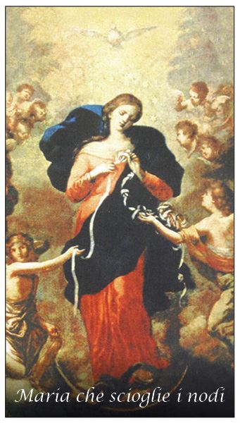 immaginetta di maria che scioglie i nodi con preghiera - 5,8 x 10,3 cm