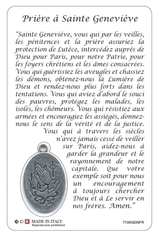 card santa genoveffa  con medaglia resinata - 5,5 x 8,5 cm - in francese