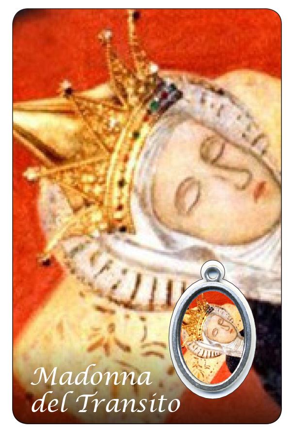 card madonna del transito con medaglia resinata - 5,5 x 8,5 cm - in italiano