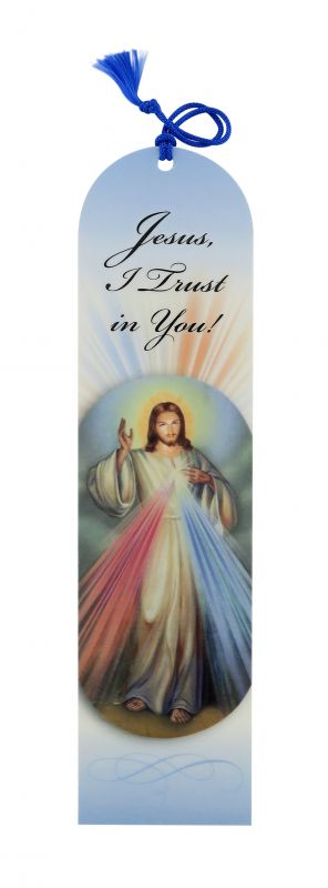 segnalibro di gesù misericordioso / divina misericordia a forma di cupola con fiocchetto blu - 5,5 x 22,5 cm - inglese