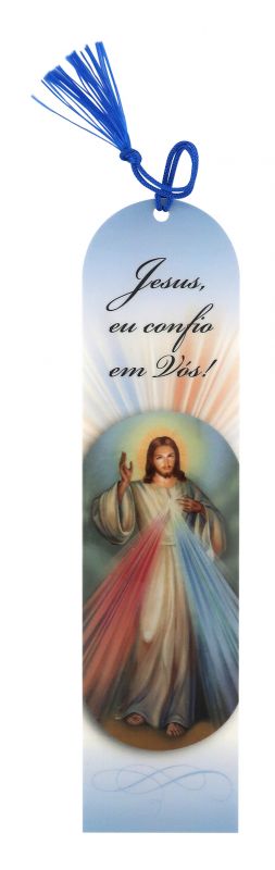 segnalibro di gesù misericordioso / divina misericordia a forma di cupola con fiocchetto blu - 5,5 x 22,5 cm - portoghese
