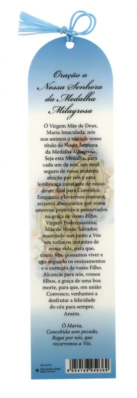 segnalibro della madonna miracolosa a forma di cupola con fiocchetto azzurro - 5,5 x 22,5 cm - portoghese