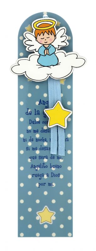 segnalibro angelo custode a forma di cupola con fiocchetto azzurro - 5,5 x 22,5 cm - spagnolo