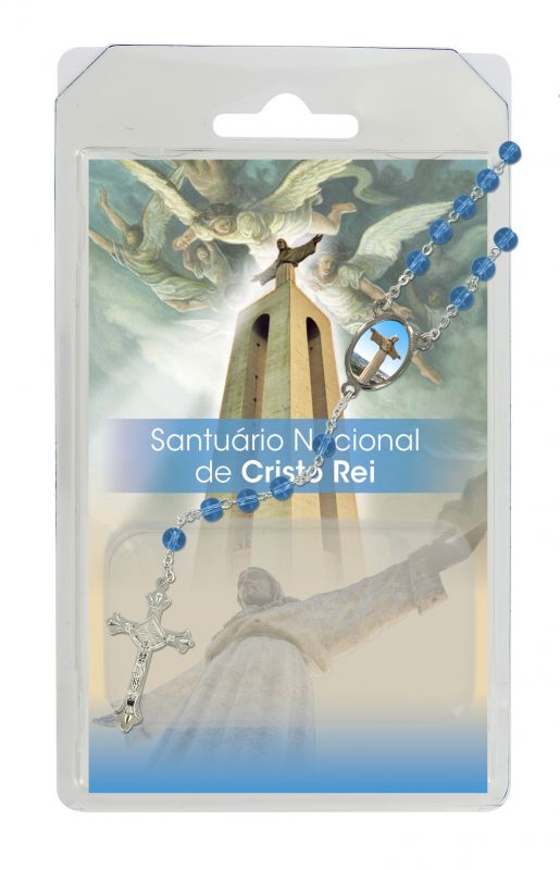 rosario semicristallo azzurro santuario cristo rei con preghiera in portoghese
