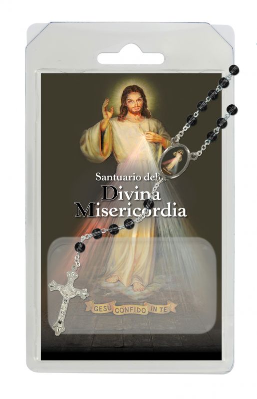 rosario semicristallo nero santuario della divina misericordia (roma) con preghiera in italiano