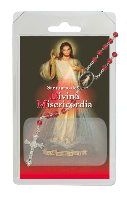 rosario semicristallo rosso santuario della divina misericordia (roma) con preghiera in italiano