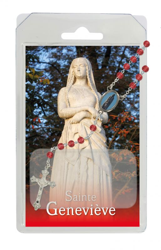 rosario semicristallo rosso santa genoveffa con preghiera in francese