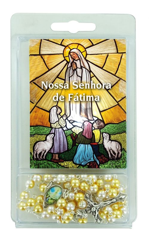 rosario perlina bianca e oro con immagine della madonna di fatima