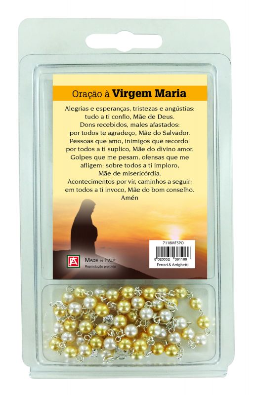 rosario perlina bianca e oro con immagine della madonna di fatima