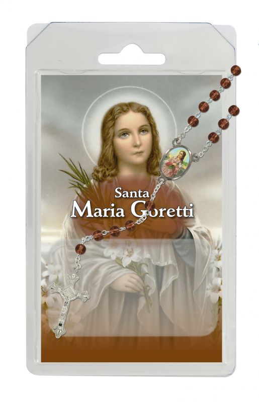 rosario di santa maria goretti in semicristallo marrone, in blister trasparente con preghiera in italiano