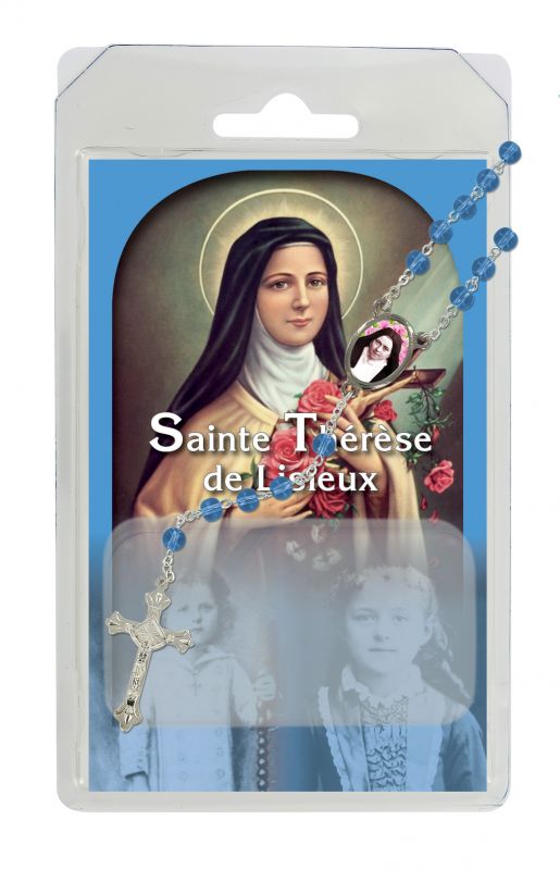 rosario semicristallo azzurro santa teresa di lisieux con preghiera in francese