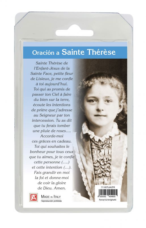 rosario semicristallo azzurro santa teresa di lisieux con preghiera in francese