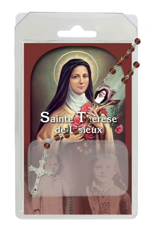 rosario semicristallo marrone santa teresa di lisieux con preghiera in francese
