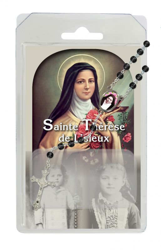 rosario semicristallo nero santa teresa di lisieux con preghiera in francese