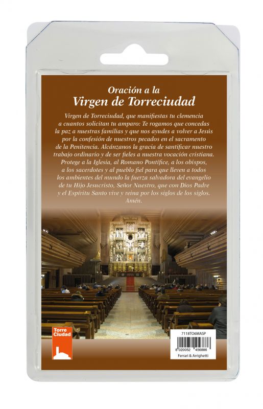 rosario semicristallo marrone vergine di torreciudad con preghiera in spagnolo