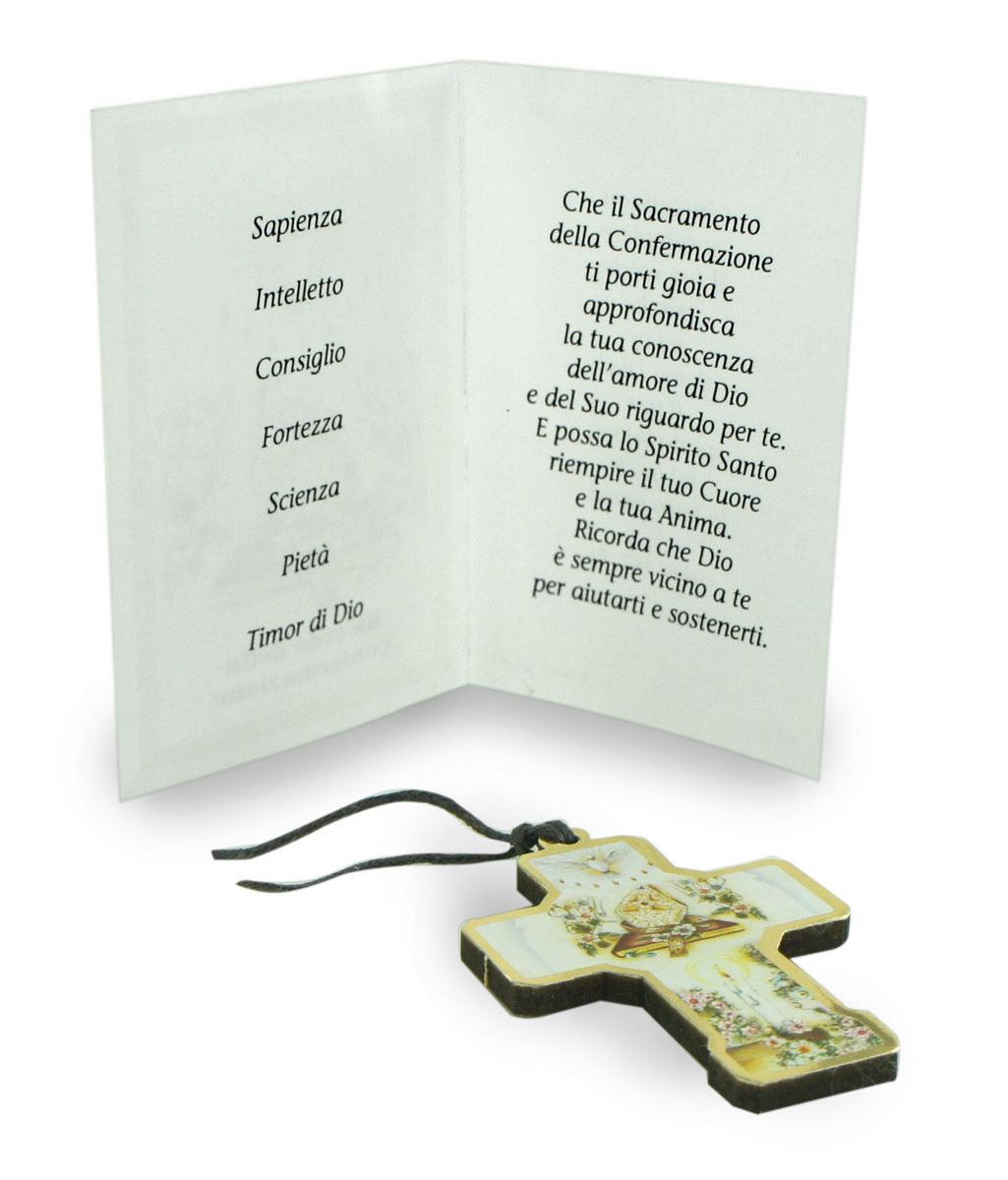 bomboniera cresima bambino/bambina: croce in legno con scatola in italiano - 3 cm