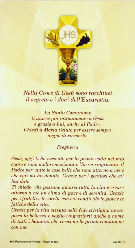 bomboniera comunione: croce in legno con certificato ricordo in italiano