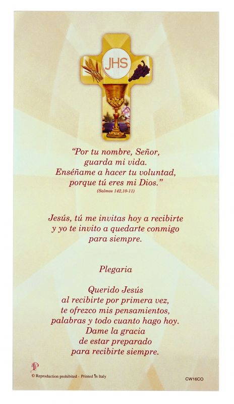 bomboniera comunione: croce in legno con certificato ricordo in spagnolo