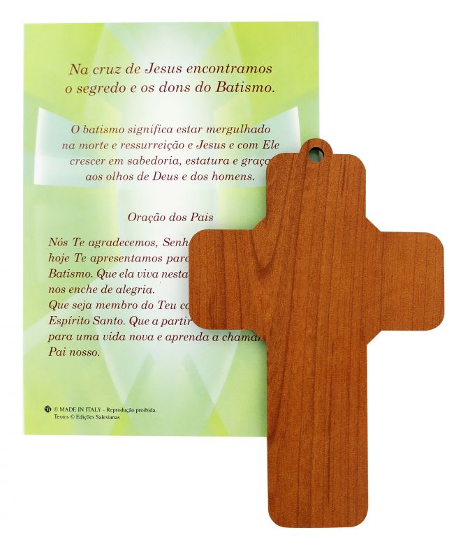 ricordo sacramento del battesimo in portoghese con croce da 9 x 13 cm