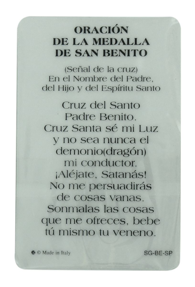 card san benedetto della guarigione in pvc con preghiera e medaglia - 5,5 x 8,5 cm - spagnolo