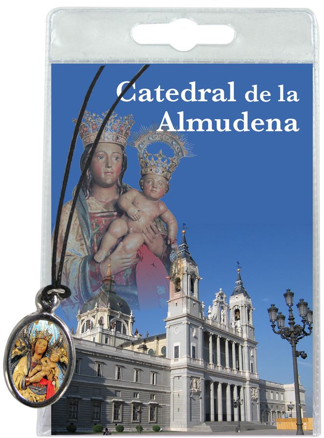 medaglia madonna di almudena con laccio e preghiera in spagnolo