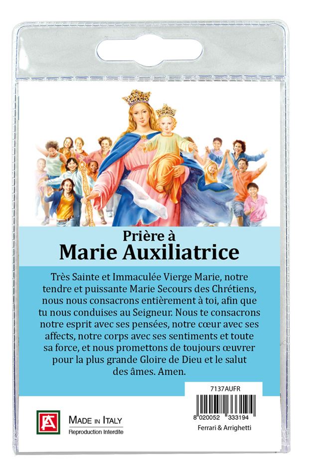 medaglia madonna ausiliatrice con laccio e preghiera in francese	