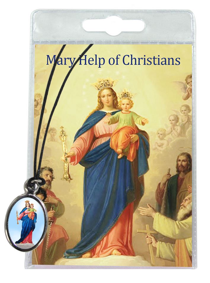 medaglia madonna ausiliatrice con laccio e preghiera in inglese	