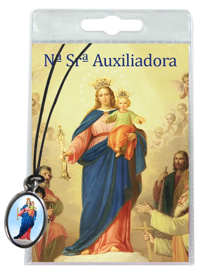 medaglia madonna ausiliatrice con laccio e preghiera in portoghese	