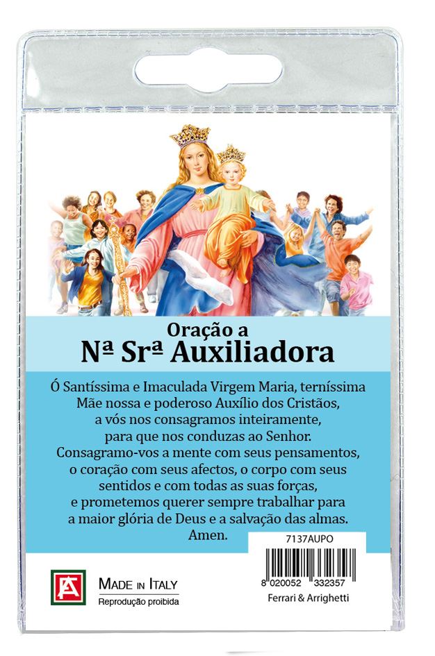 medaglia madonna ausiliatrice con laccio e preghiera in portoghese	