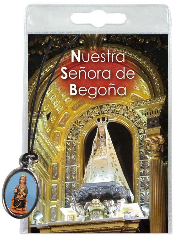 medaglia madonna di begona con laccio e preghiera in spagnolo