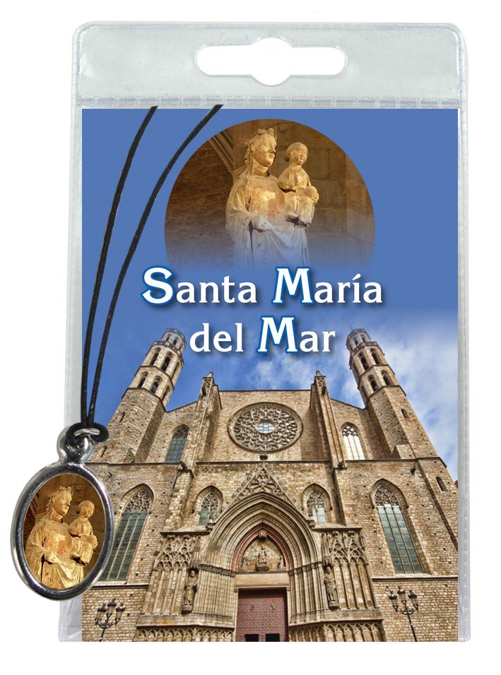 medaglia basilica santa maria del mar con laccio e preghiera in spagnolo