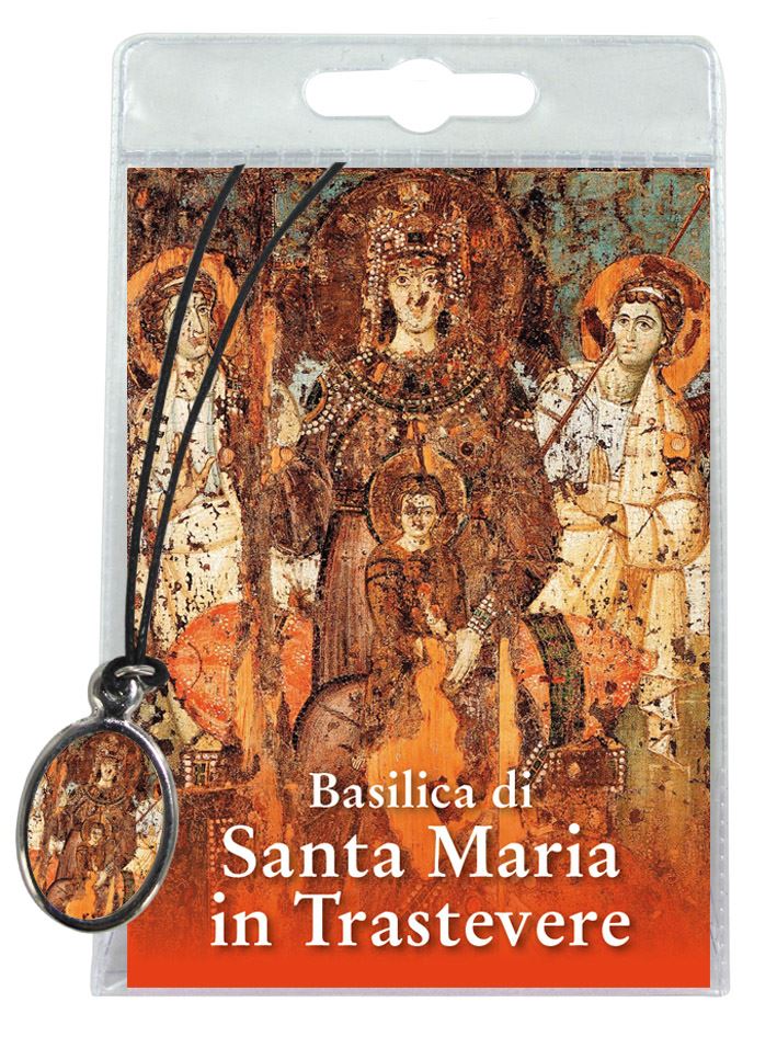 medaglia madonna di santa maria in trastevere con laccio e preghiera in italiano