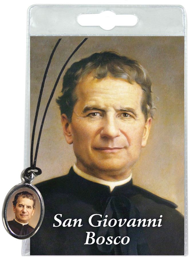 medaglia san giovanni bosco con laccio e preghiera in italiano	