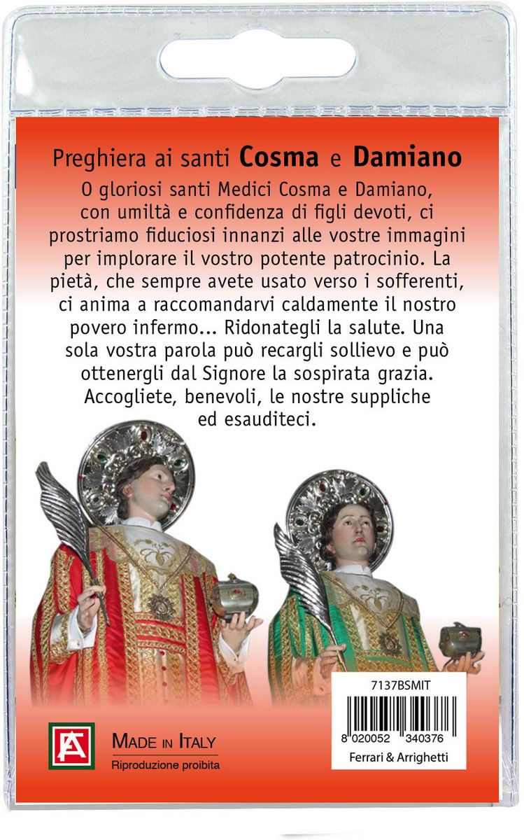 medaglia santi medici cosma e damiano (a bitonto) con laccio e preghiera in italiano