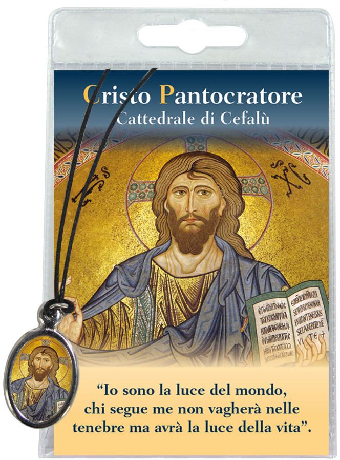 medaglia cristo pantocratore (duomo di cefalù) con laccio e con preghiera in italiano