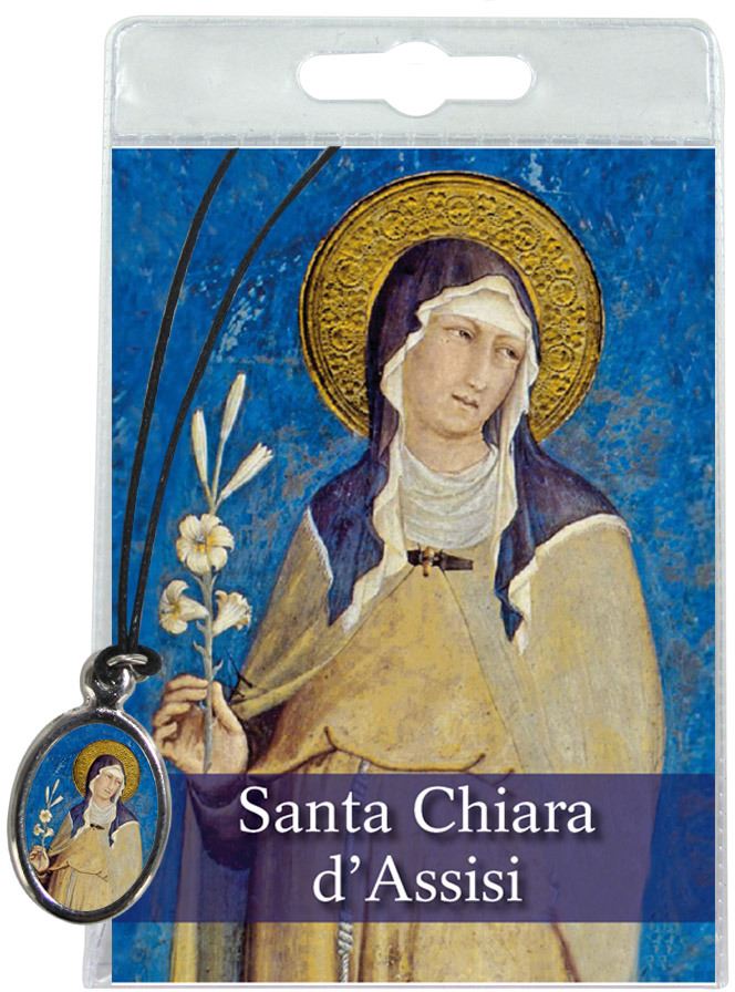 medaglia santa chiara con laccio e preghiera in italiano