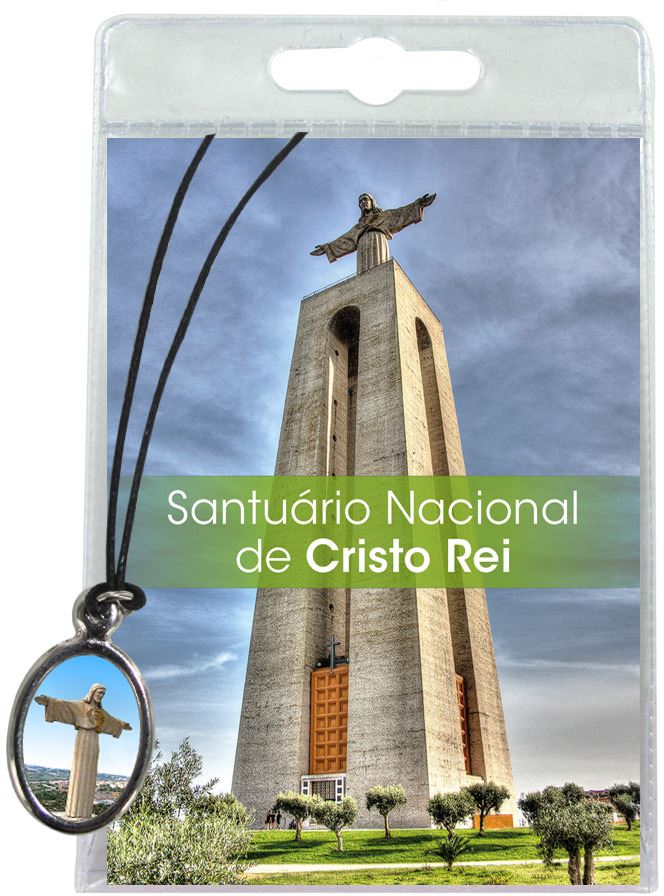 medaglia cristo rei con laccio e preghiera in portoghese