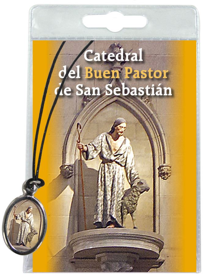 medaglia cattedrale buon pastor con laccio e preghiera in spagnolo