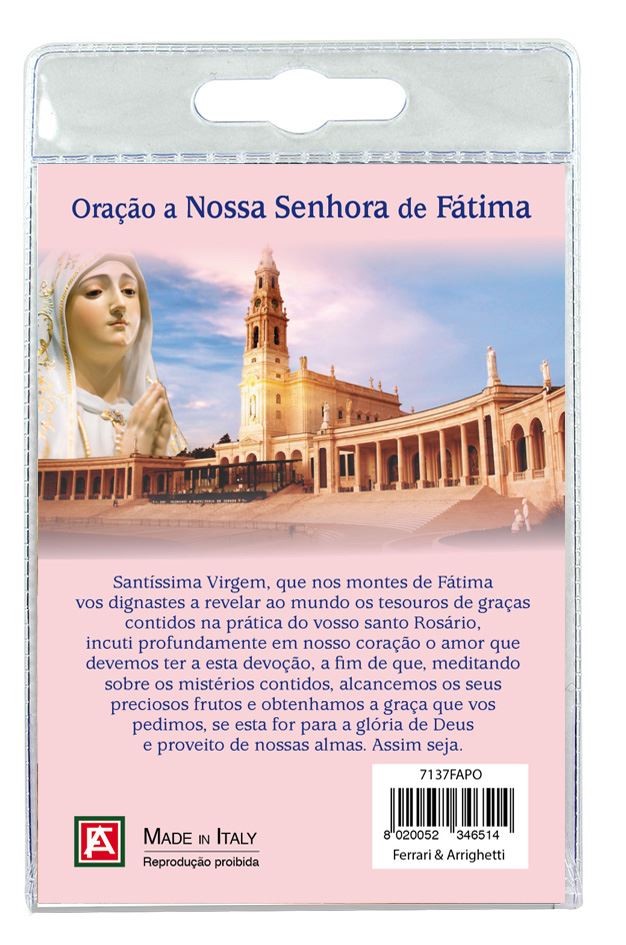medaglia madonna di fatima con laccio in blister con preghiera in portoghese