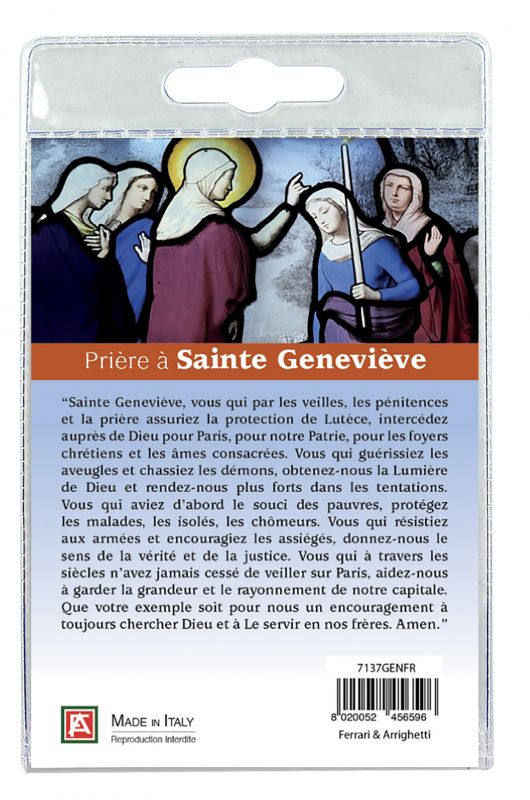medaglia santa genoveffa con laccio e preghiera in francese