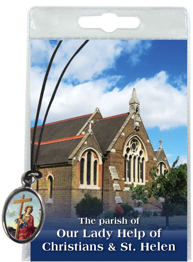 medaglia madonna ausiliatrice (st helen's catholic church) con laccio e preghiera in inglese