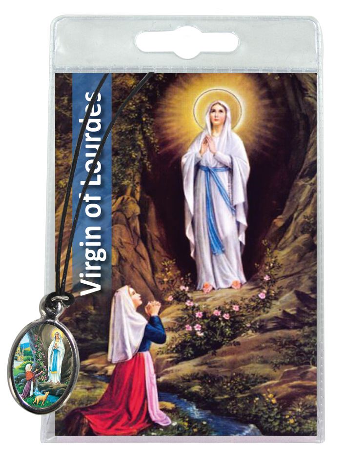 medaglia madonna di lourdes con laccio e preghiera in inglese