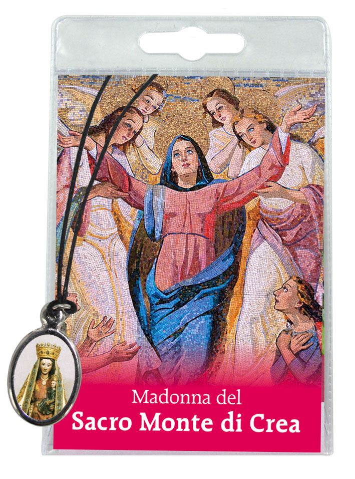 medaglia madonna del sacro monte di crea con laccio e preghiera in italiano