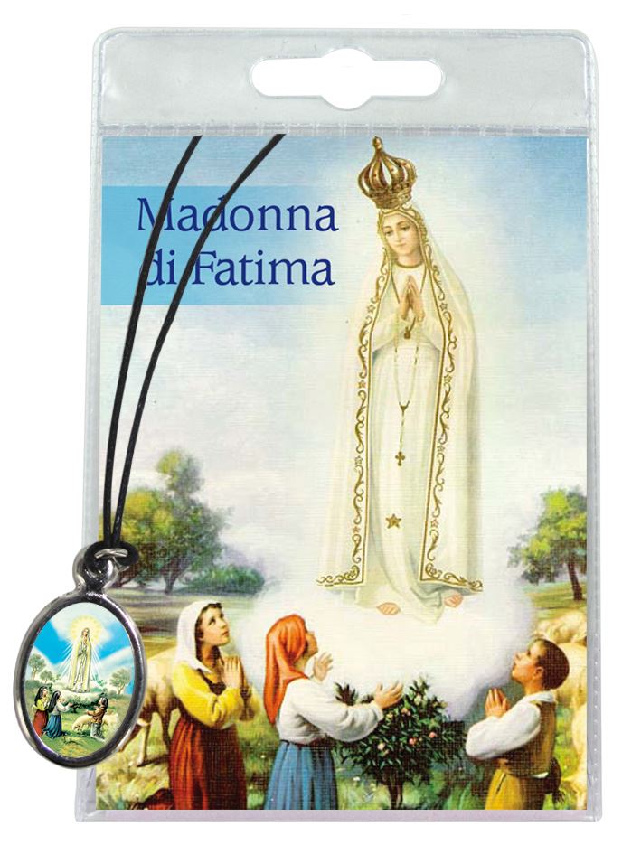 medaglia madonna di fatima con laccio e preghiera in italiano