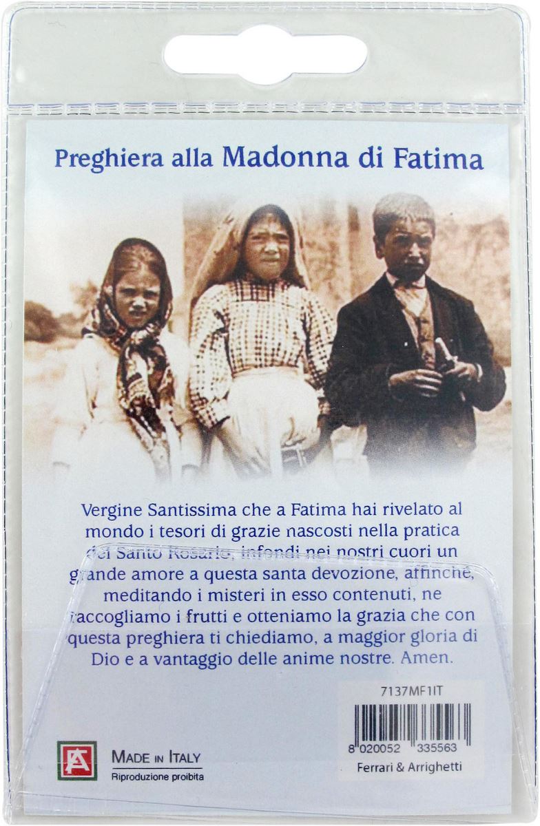 medaglia madonna di fatima con laccio e preghiera in italiano