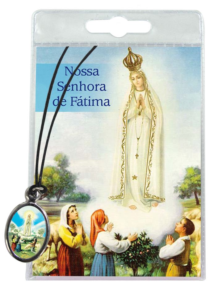 medaglia madonna di fatima con laccio e preghiera in portoghese