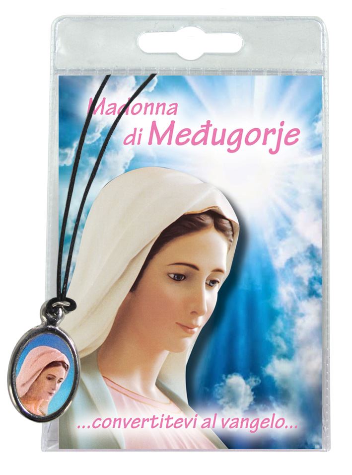 medaglia madonna di medjugorje con laccio e preghiera in italiano