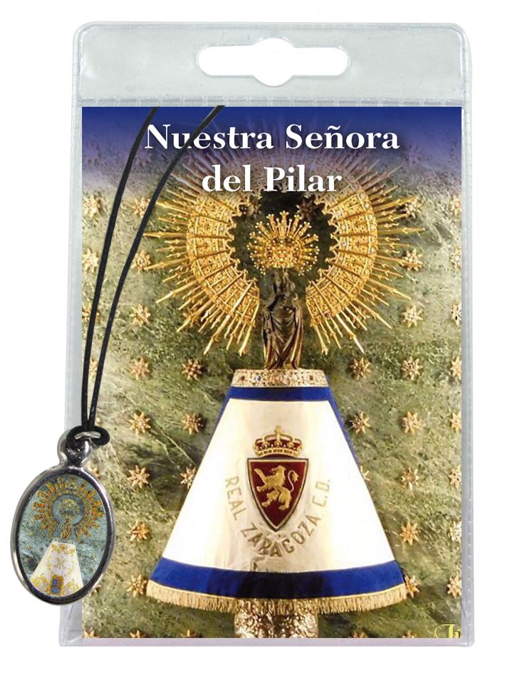 medaglia madonna del pilar con laccio preghiera in spagnolo